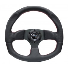 FLAT BOTTOM STEERING WHEEL LEATHER - LEATHER- RED STITCH